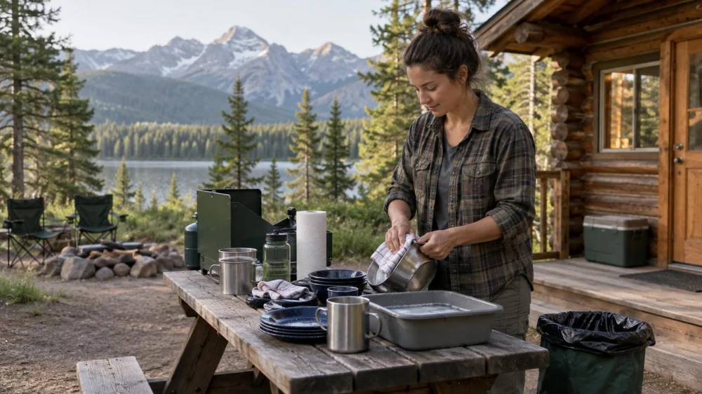 Camping Cabin Kitchen Cleanup: Surfaces, Waste, and Check
