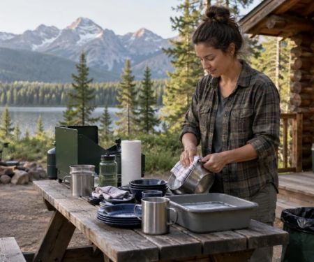 Camping Cabin Kitchen Cleanup: Surfaces, Waste, and Check
